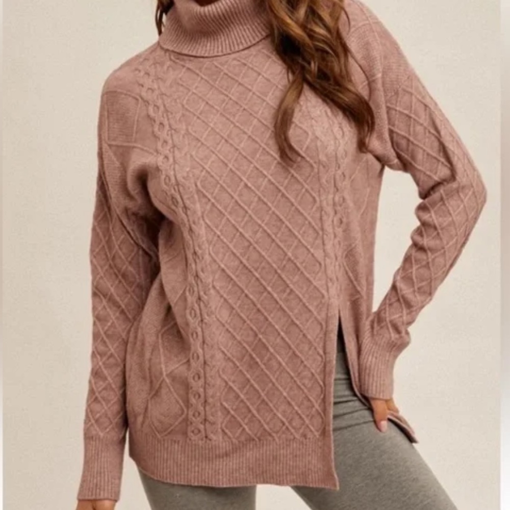 NWT Hem & Thread Women's Cable Knit Turtleneck Sweater - Pink